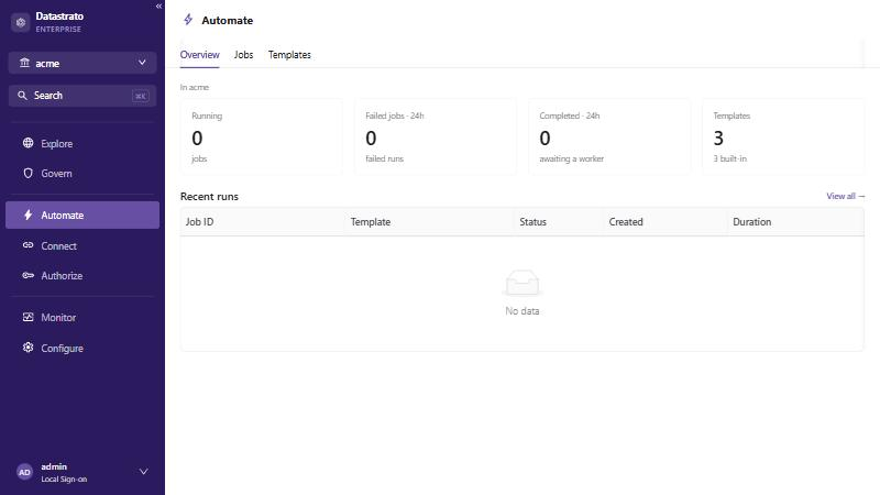 Automate Overview, with running, failed, and completed jobs and the recent runs