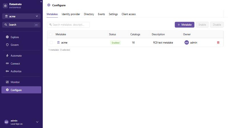 Configure on the Metalakes tab