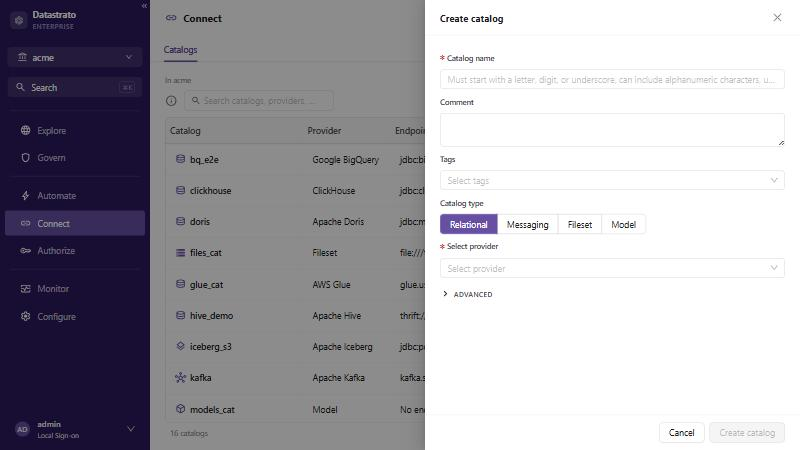 Connect with the Create catalog panel open