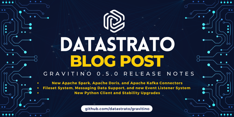 Banner for blog post with title "Gravitino 0.5.0: Expanding the horizon to Apache Spark, non-tabular data, and more!"