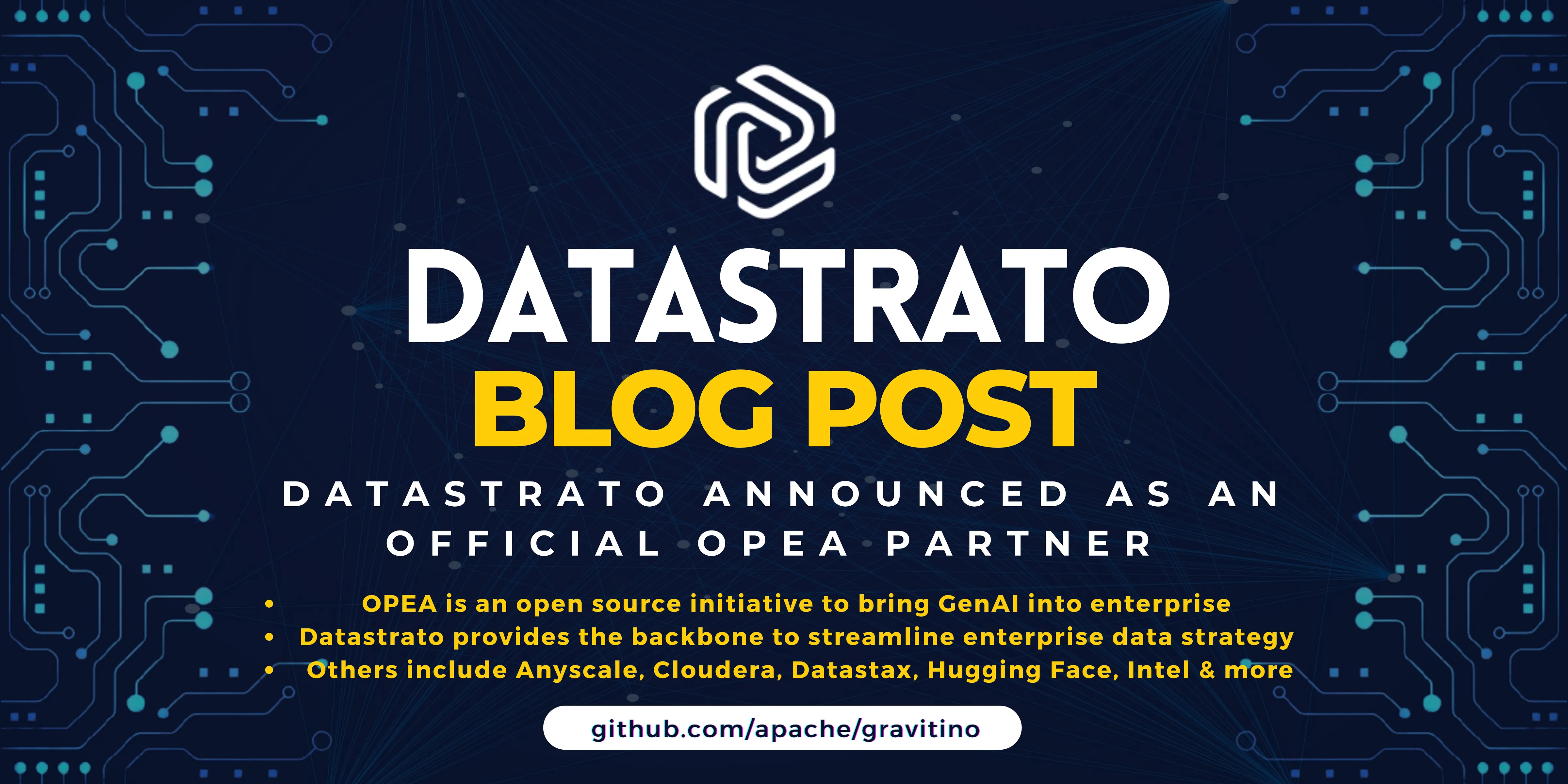 Banner for blog post with title "Datastrato Announced as an Official OPEA Partner"